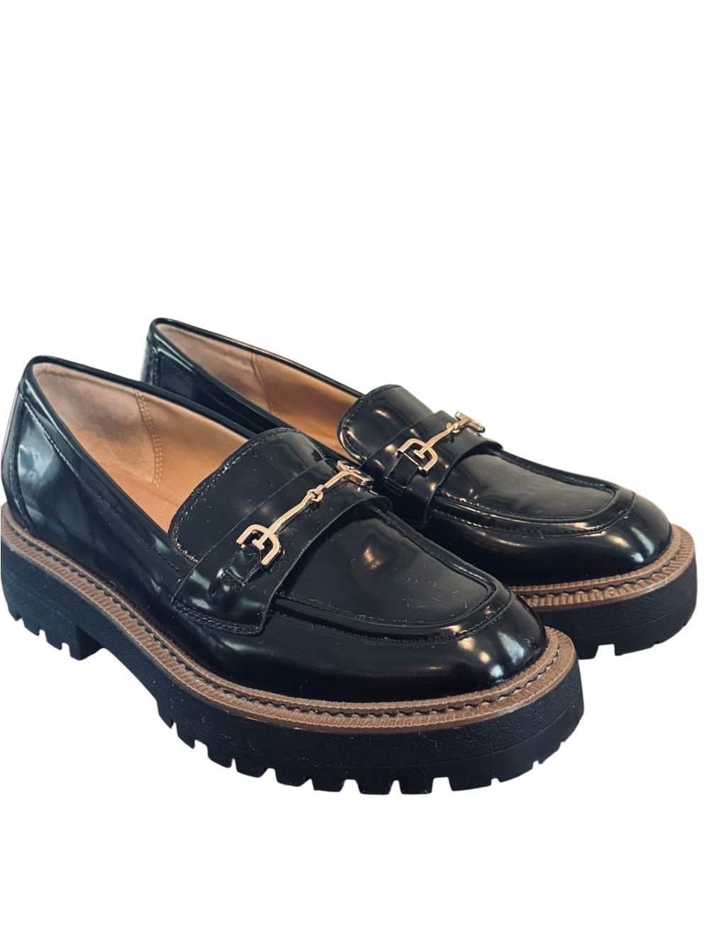 Sam Edelman Black Patent Loafers with Gold Hardware